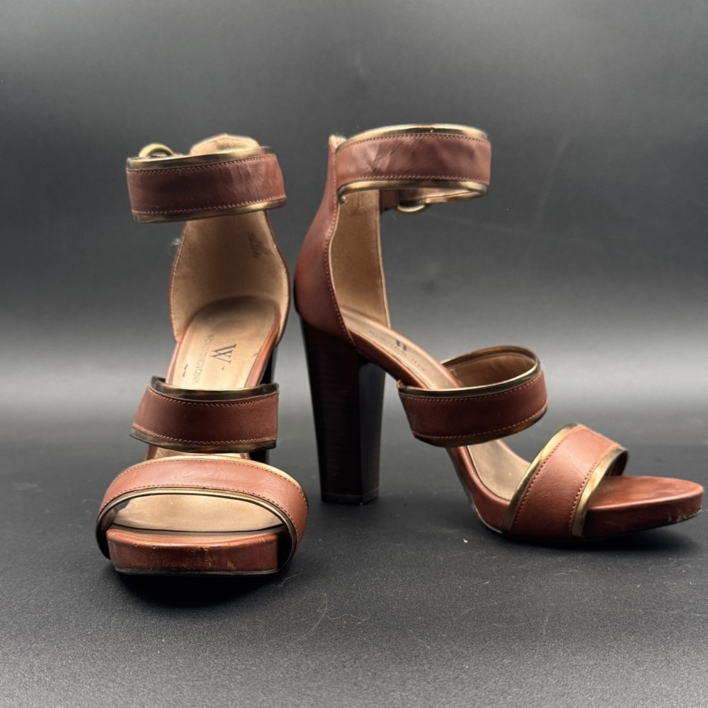 Worthington Brown Strappy Block Heel Sandals with Gold Trim